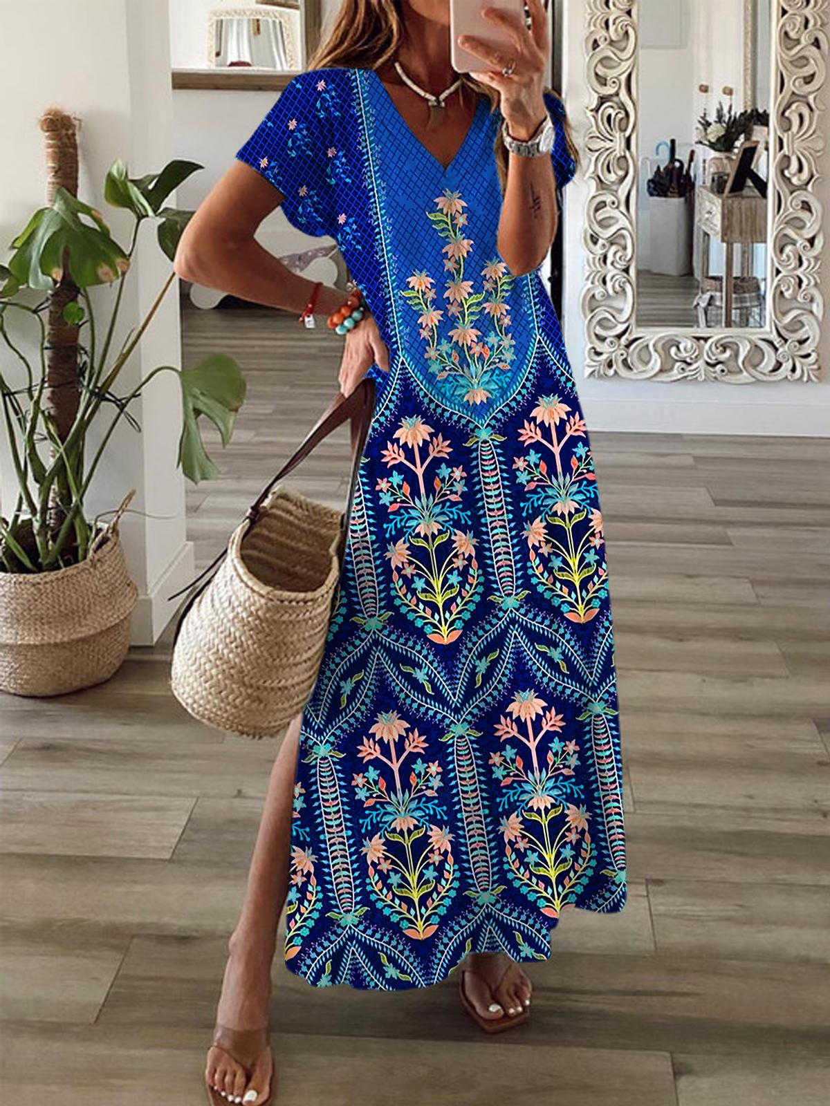 Vintage Flower Mural Short Sleeve V Neck Maxi Dress