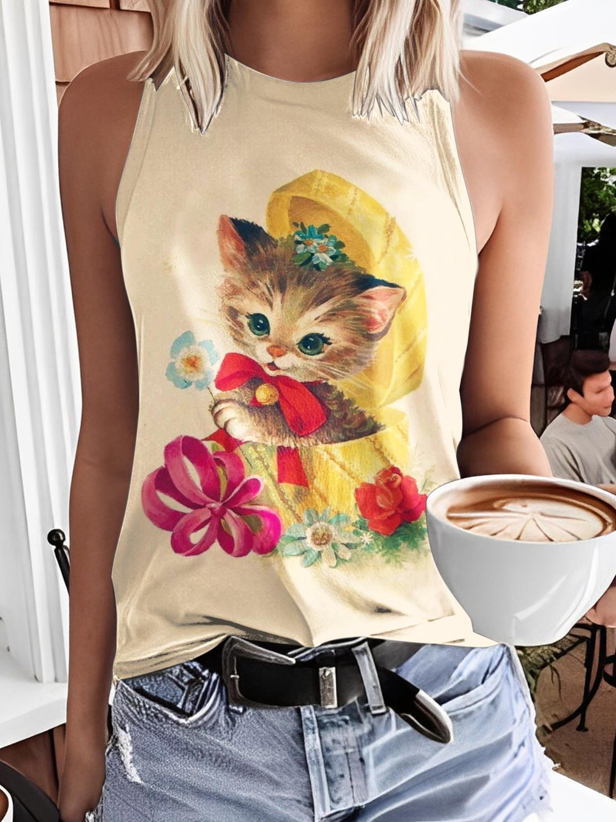 Vintage Gift Kitten Print Casual Sleeveless Top