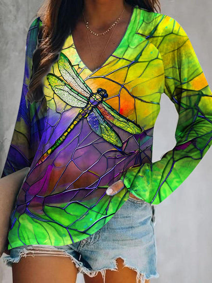 Women's Dragonfly Print V Neck Long Sleeve Top