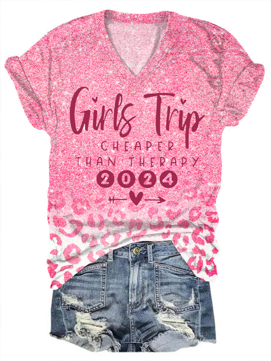 Girls Trip Cheaper Than Therapy 2024 Leopard Glitter Print V-Neck Top