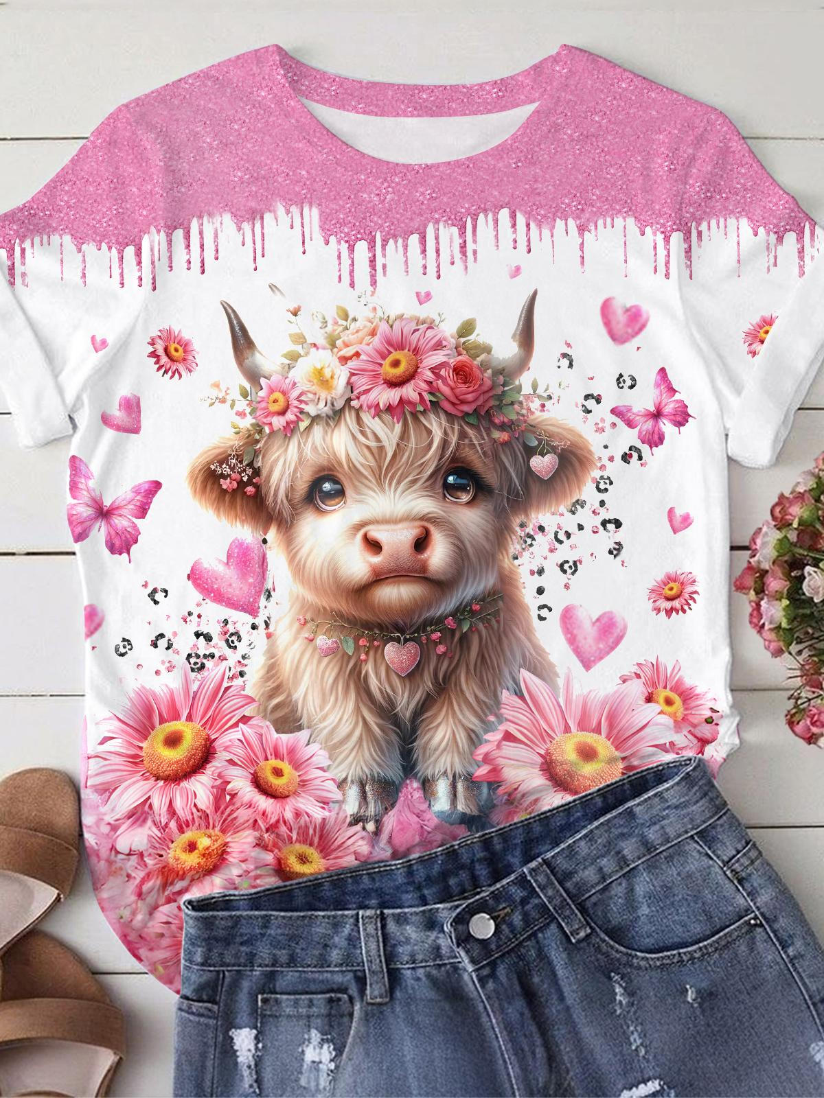 Sunflowers Baby Highland Cow Print Crew Neck T-shirt