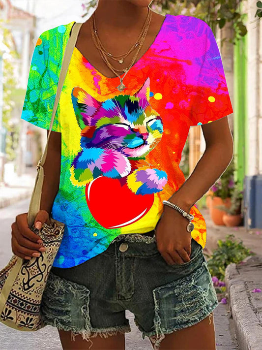 Colorful Heart Cat Print V-Neck T-Shirt