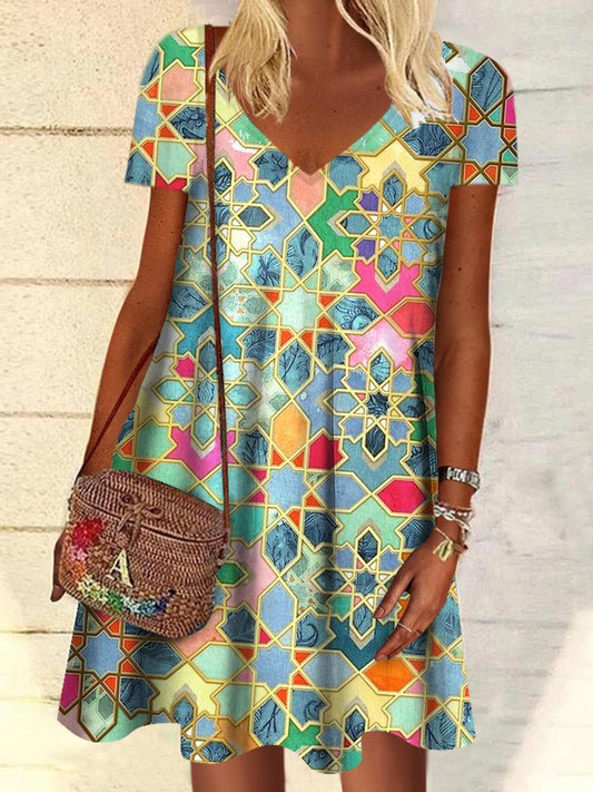 Geometry V Neck Short Sleeve Dress