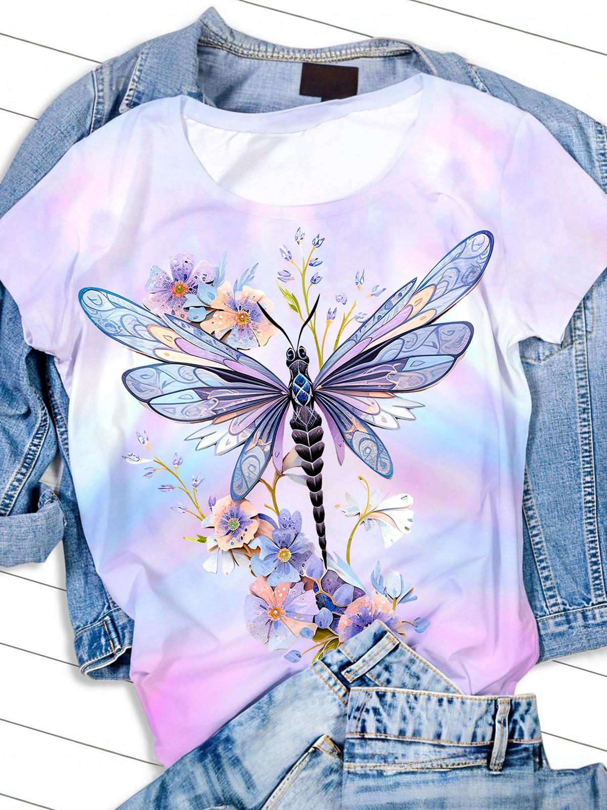 Dragonfly Print Crew Neck T-shirt