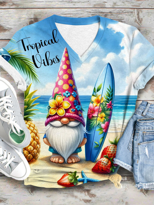 Tropical Vibes Gnome Print V-Neck T-Shirt