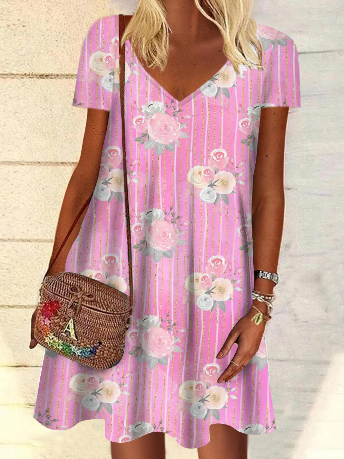 Floral Stripe Print V Neck Short Sleeve Dress