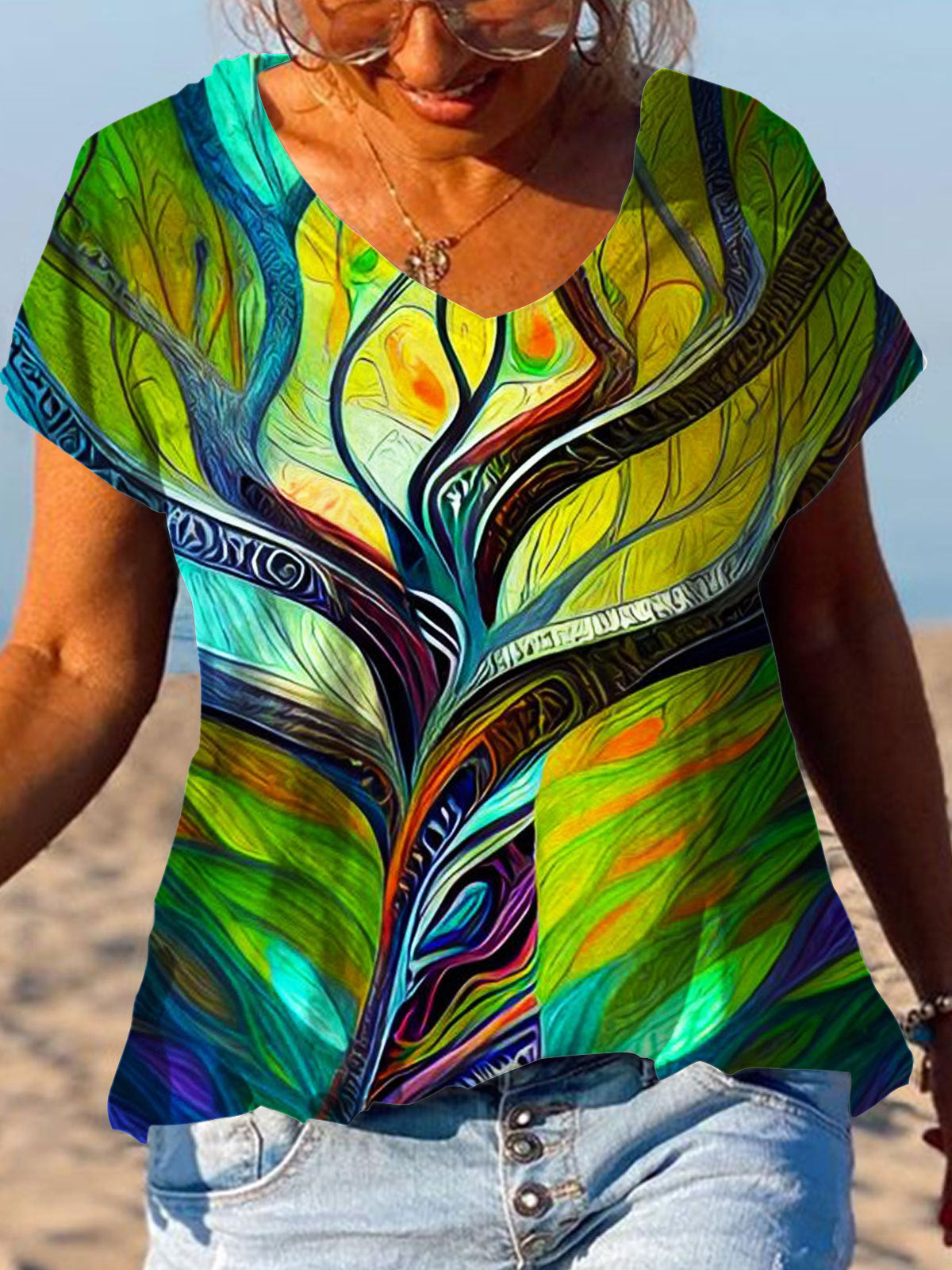 Women's Tree Art Print V Neck Top