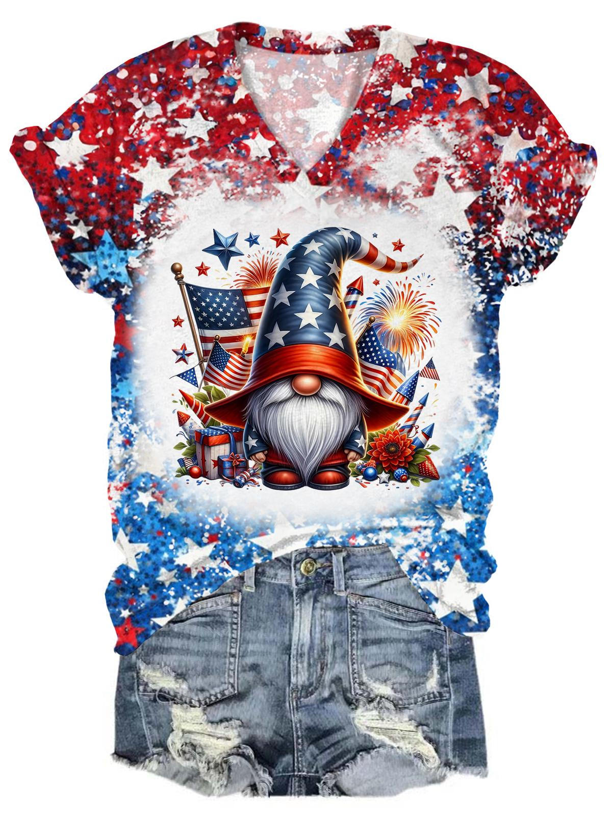 Flag Firework Gnome V-Neck Tie Dye T-Shirt