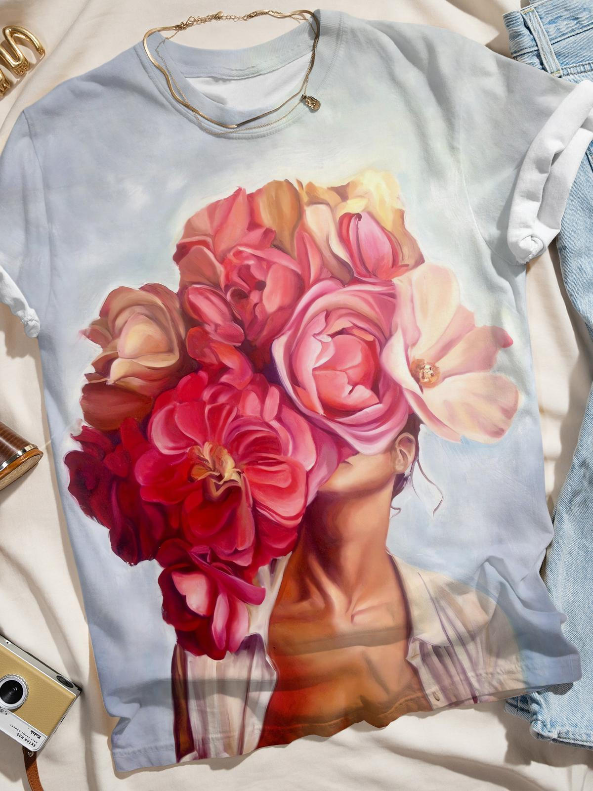 Portrait With Flowers Crew Neck T-shirt