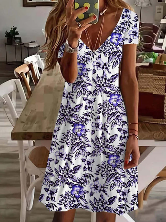 Purple Flower V Neck Short Sleeve Dress