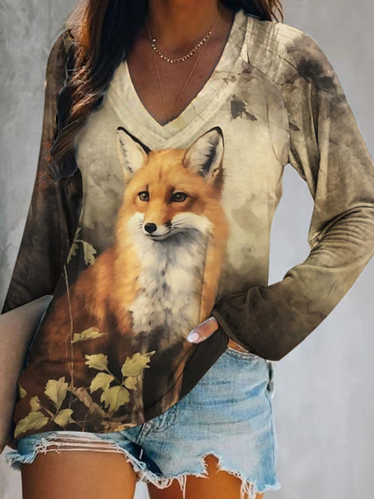Women's Fox Print V-Neck Long Sleeve Top