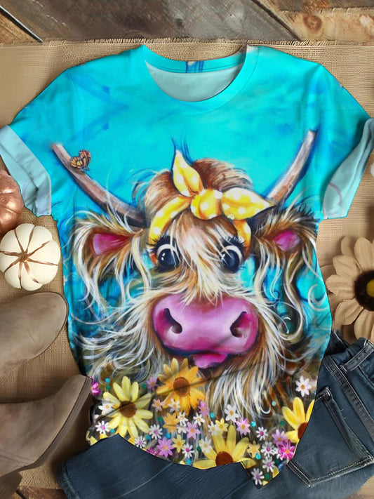 Cow Flower Crew Neck T-shirt