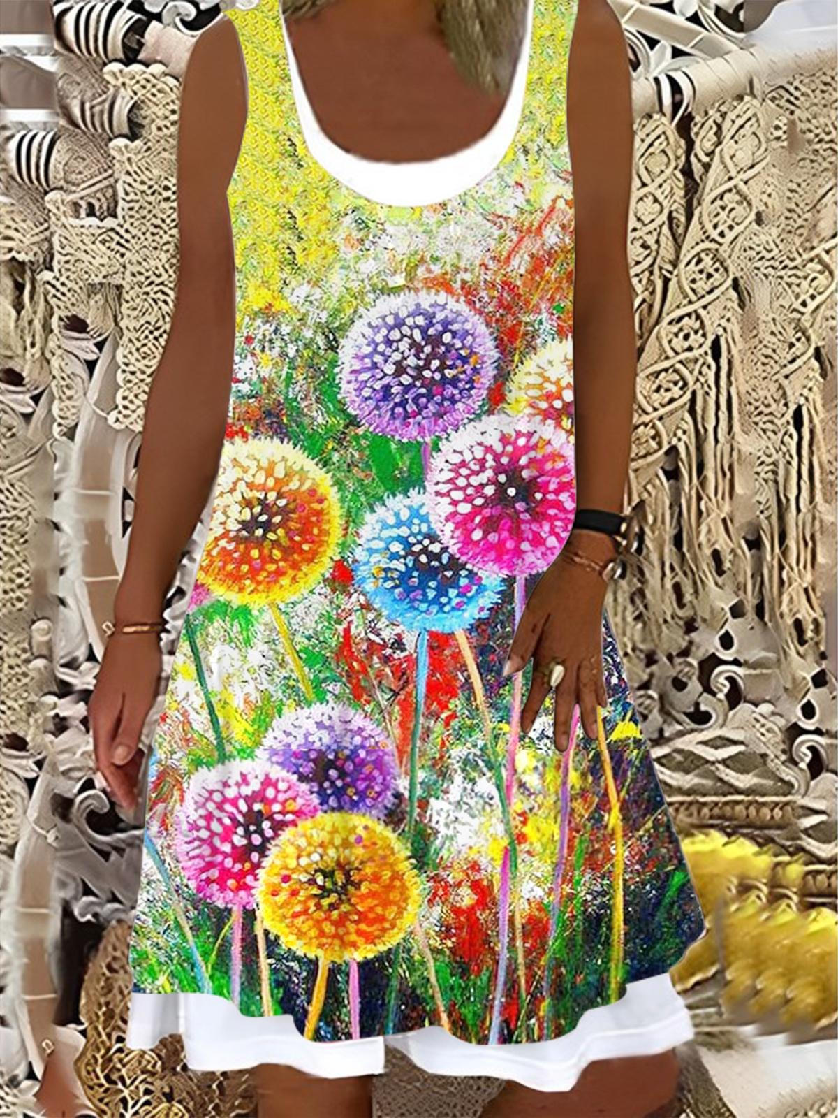 Ladies Colorful Dandelion Print Splicing Dress