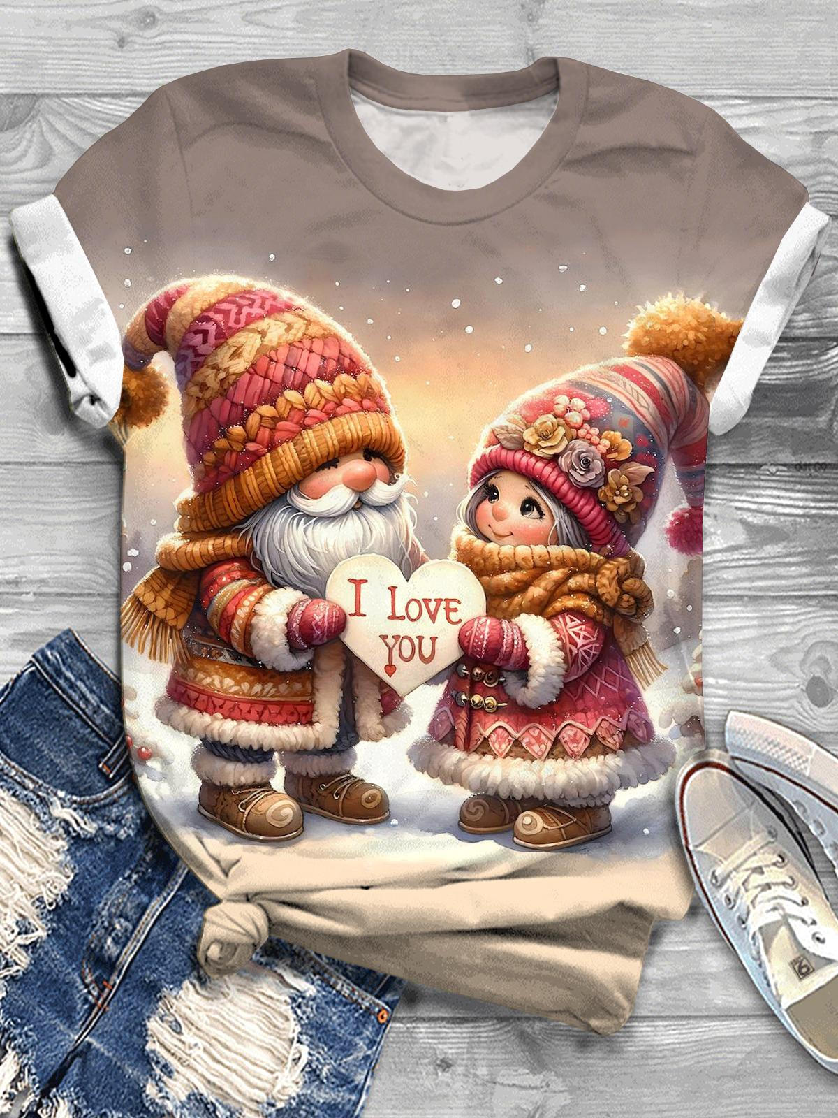 Winter Gnome Print Crew Neck T-shirt