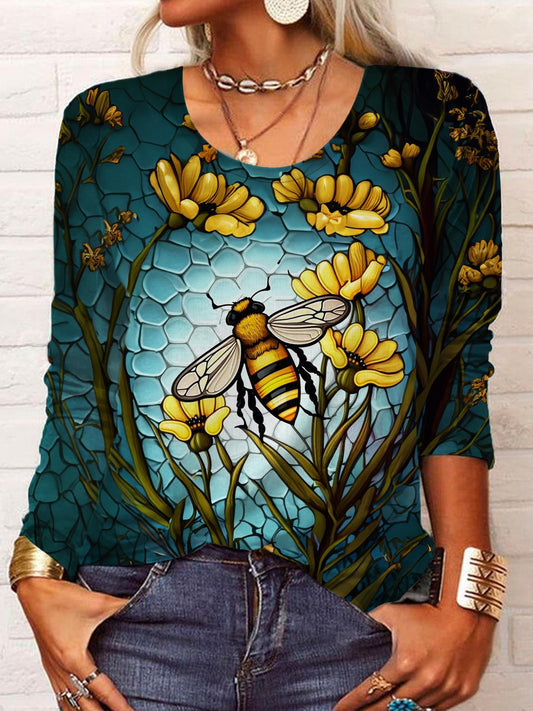 Women's Bee Print Crew Neck Long Sleeve Top