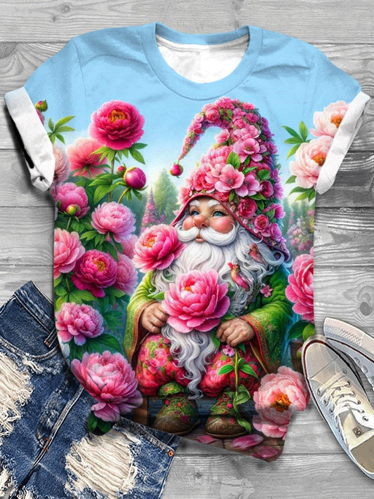 Pink Floral Gnome Crew Neck T-shirt