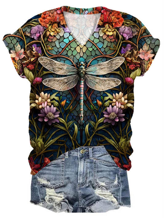 Women's Dragonfly Print V-Neck T-Shirt