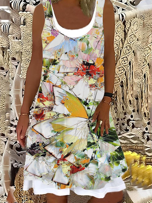 Ladies Abstract Butterfly Print Sleeveless Splicing Dress