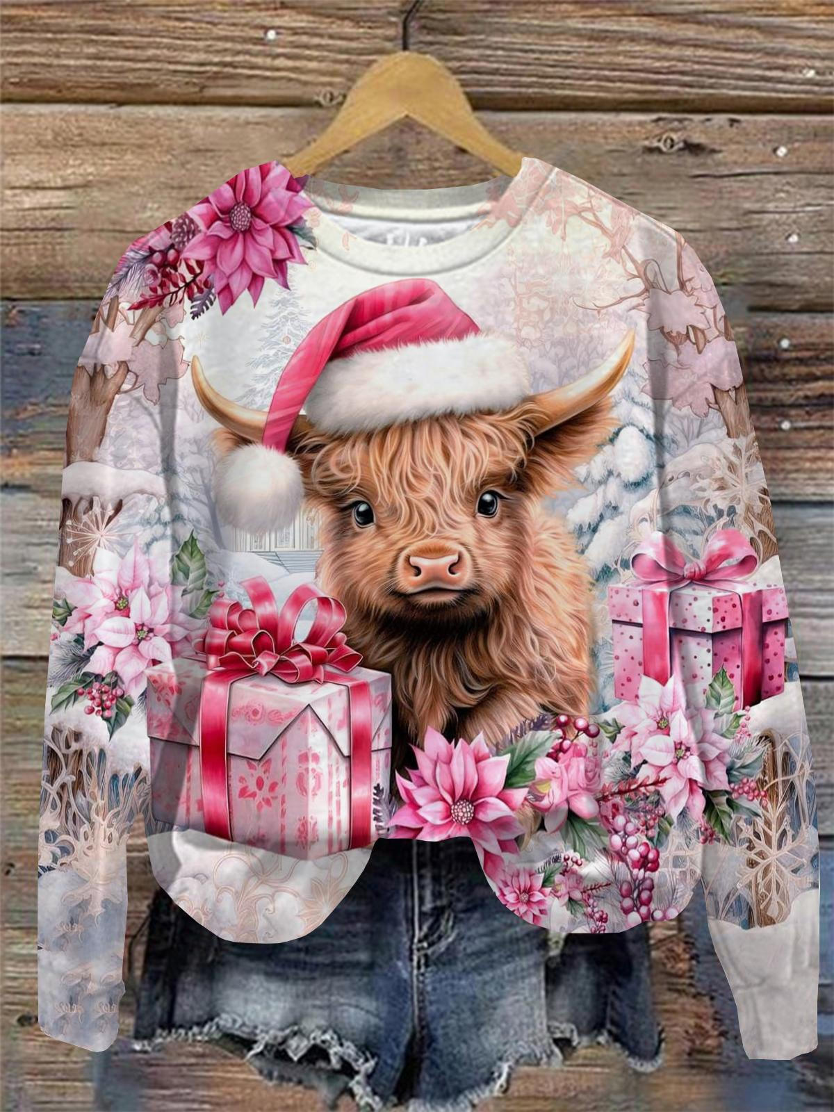 Women's Christmas Cow Print Round Neck Long Sleeve Top