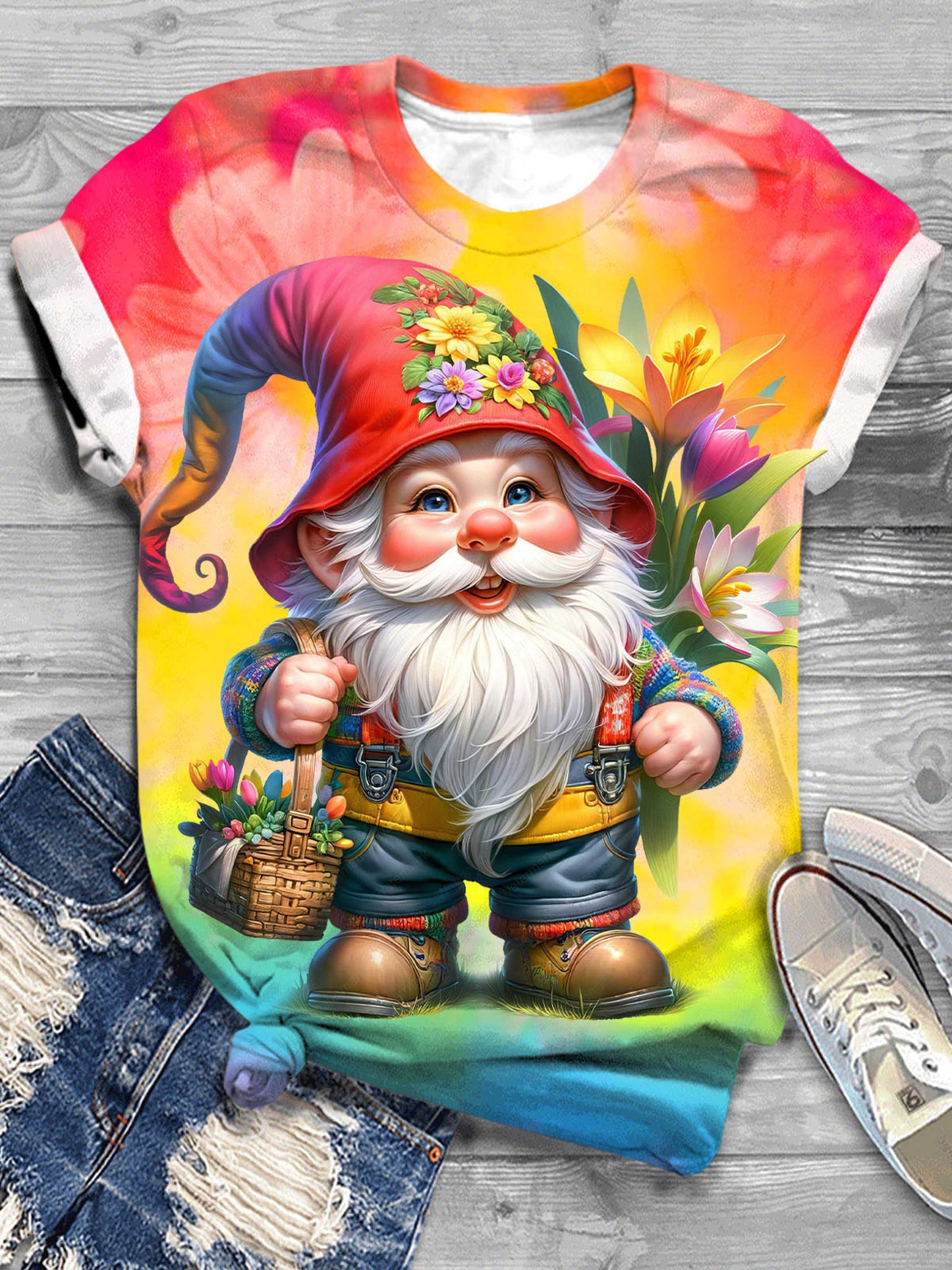 Spring Gnome Print Crew Neck T-Shirt