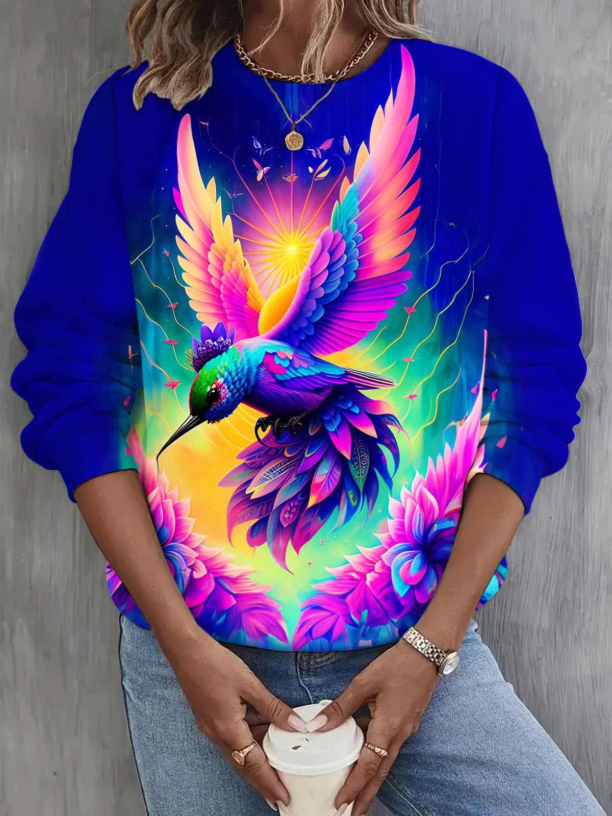 Women's Colorful Hummingbird Print Casual Top