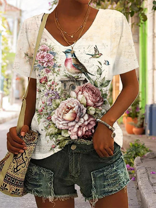 Vintage Flower Bird Print V-Neck T-Shirt