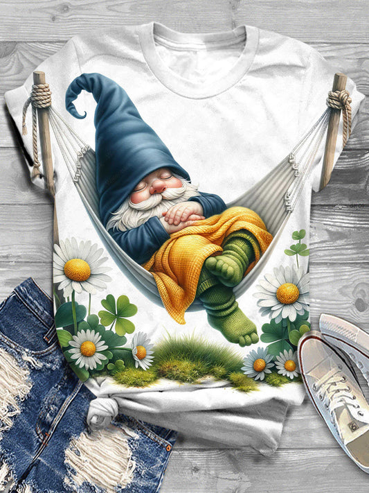 Garden Swing Gnome Print Crew Neck T-Shirt