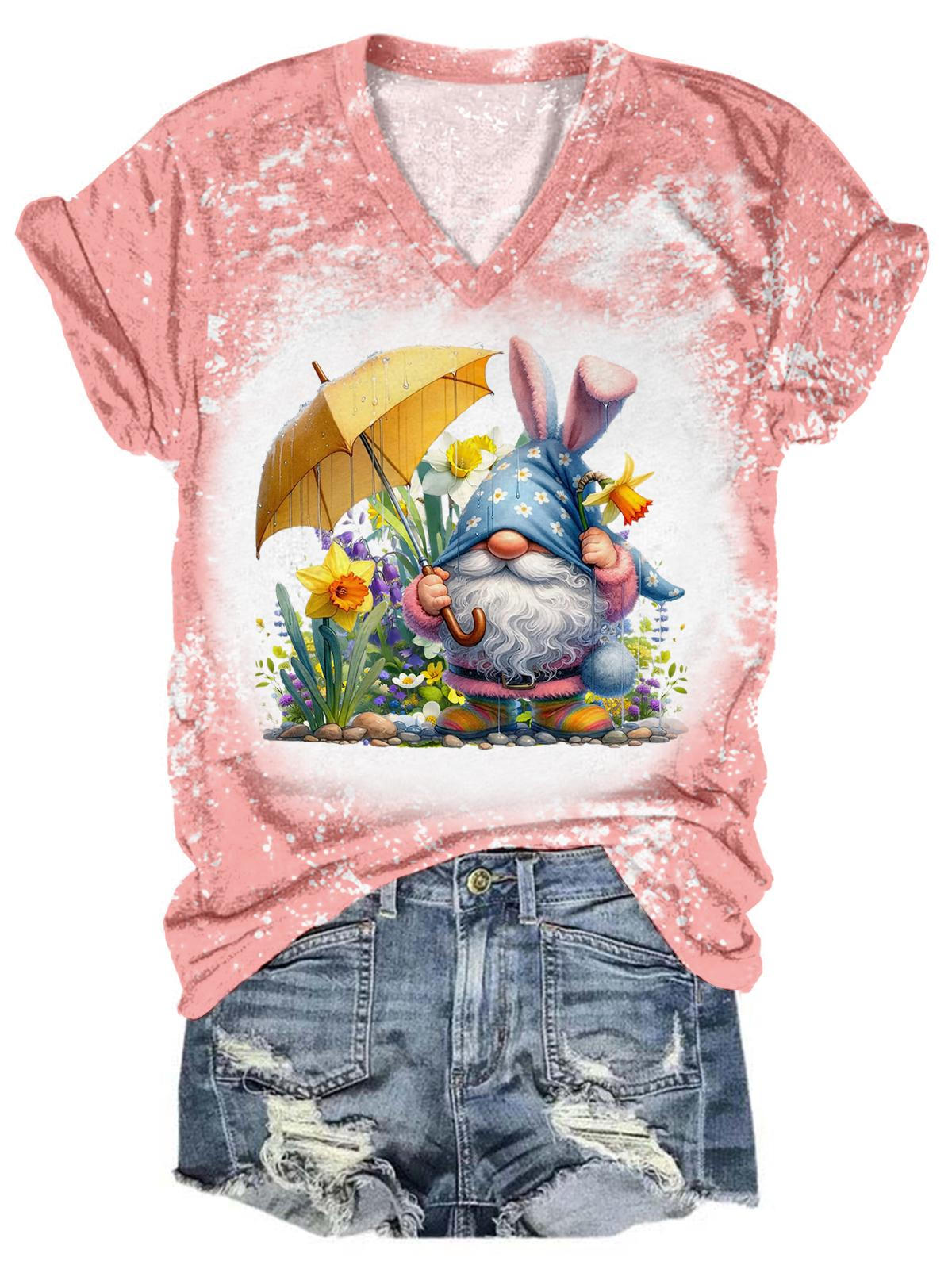 Easter Umbrella Gnome V-Neck Tie Dye T-Shirt