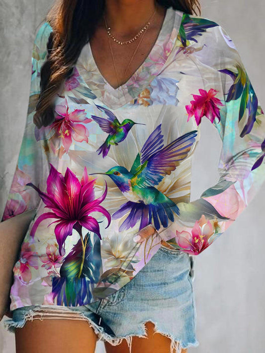 Colorful Flower Hummingbird Print V-Neck Long Sleeve Top