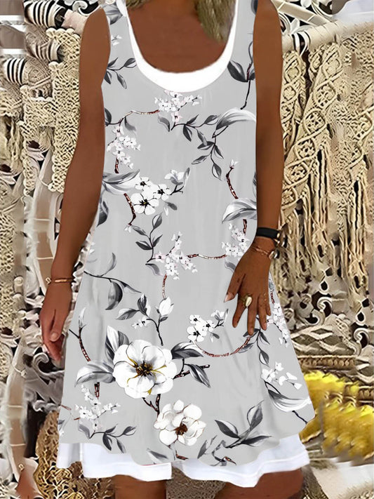 Ladies Flower Print False Two Dress