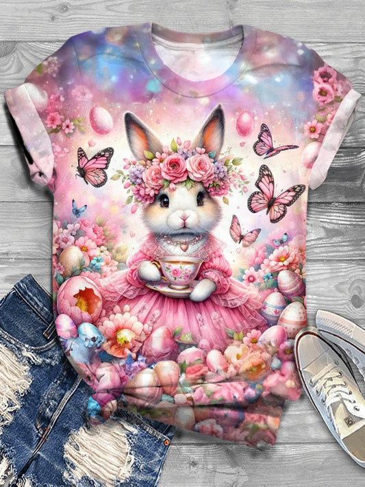 Pink Butterfly Bunny Crew Neck T-shirt