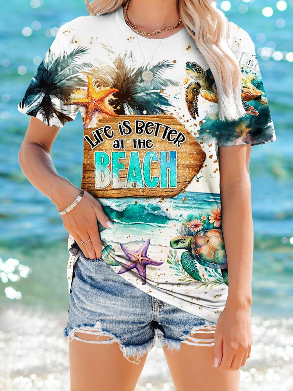 Life is Better At The Beach Print Crew Neck T-shirt