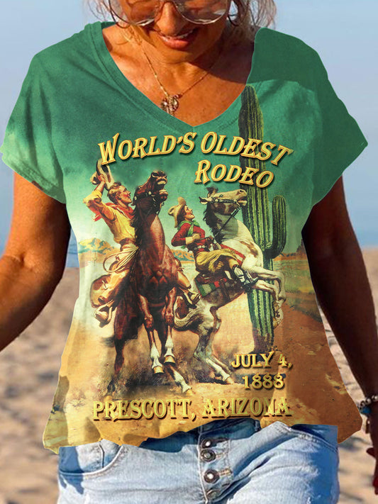 Vintage Western Print V-Neck Top