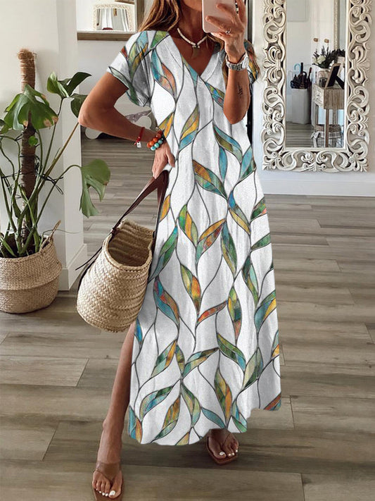 Leaf Short Sleeve V Neck Maxi Dress