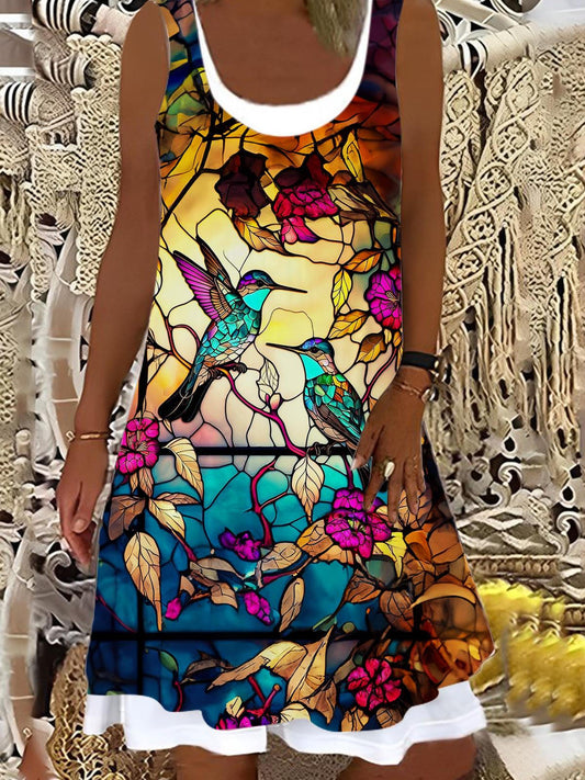 Stained Glass Hummingbirds Ladies Splicing Dress