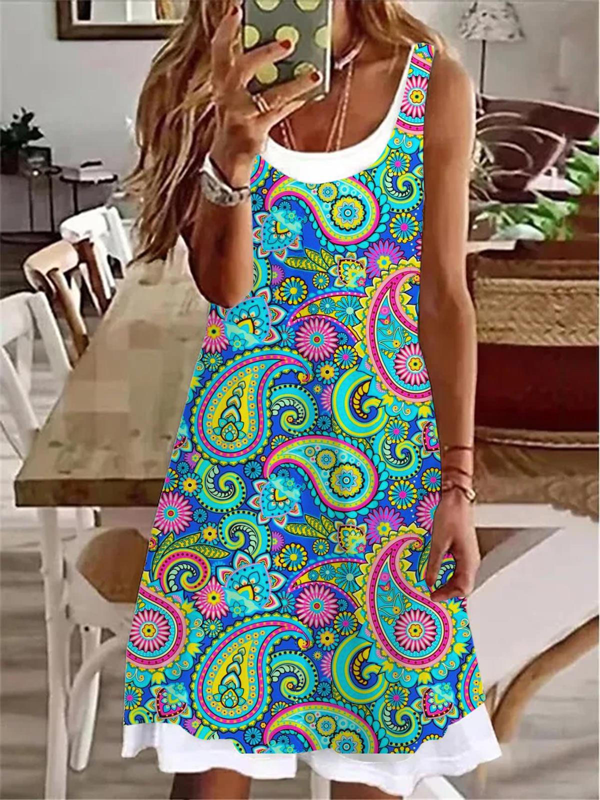 Green Bohemian Paisley Print Ladies False Two Dress