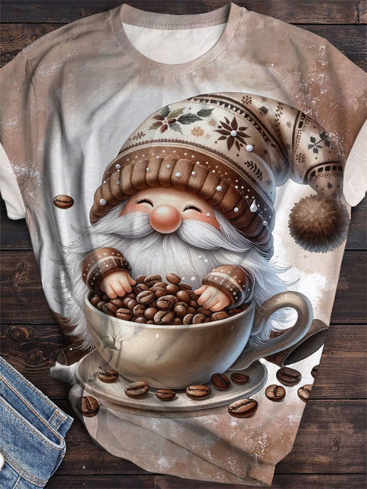 Coffee Beans Gnome Print Crew Neck T-Shirt