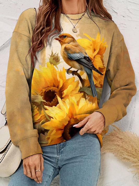 Women's Sunflower Printed Round Neck Casual Top