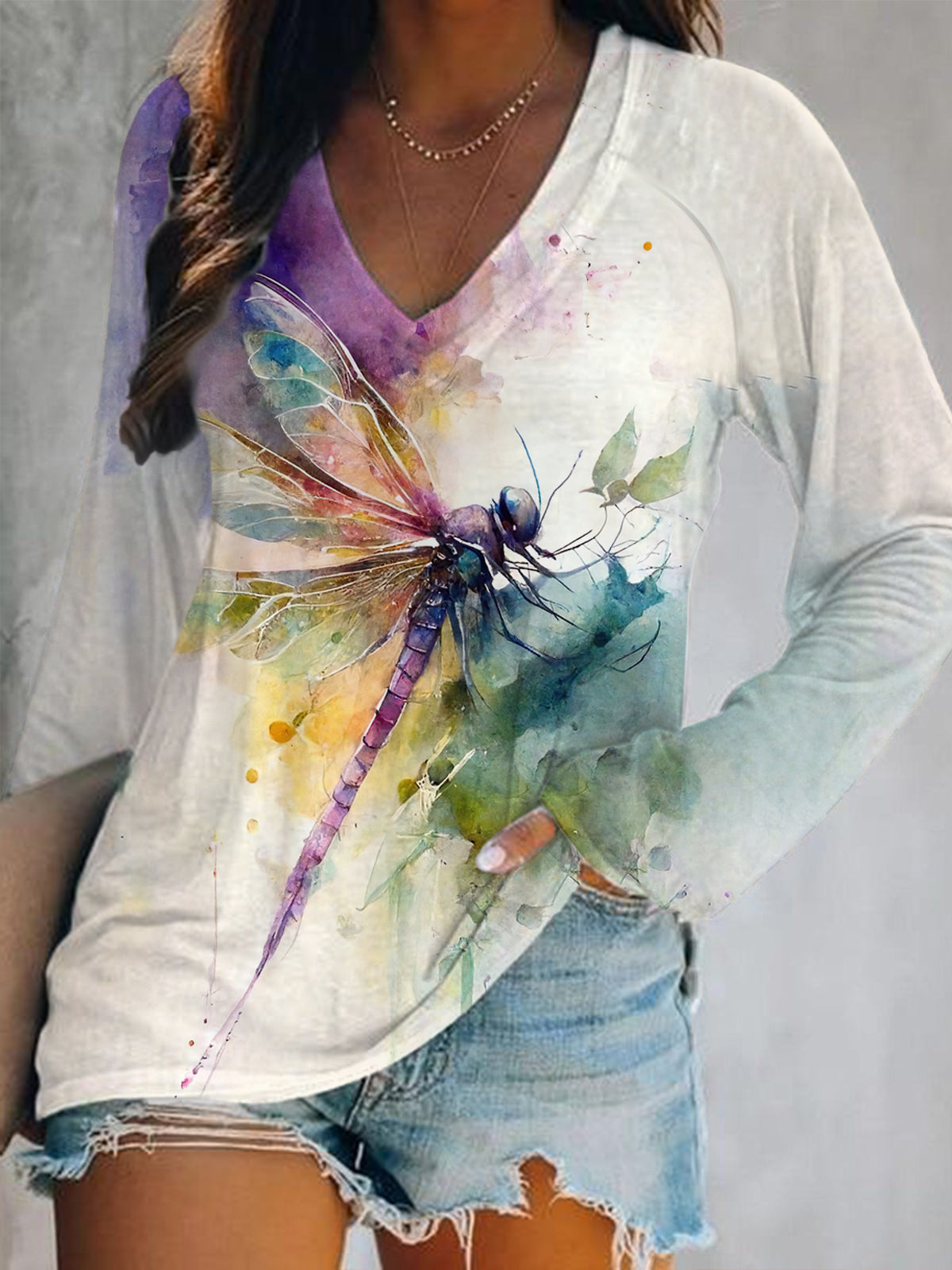 Women's Dragonfly Print V-Neck Long Sleeve Top