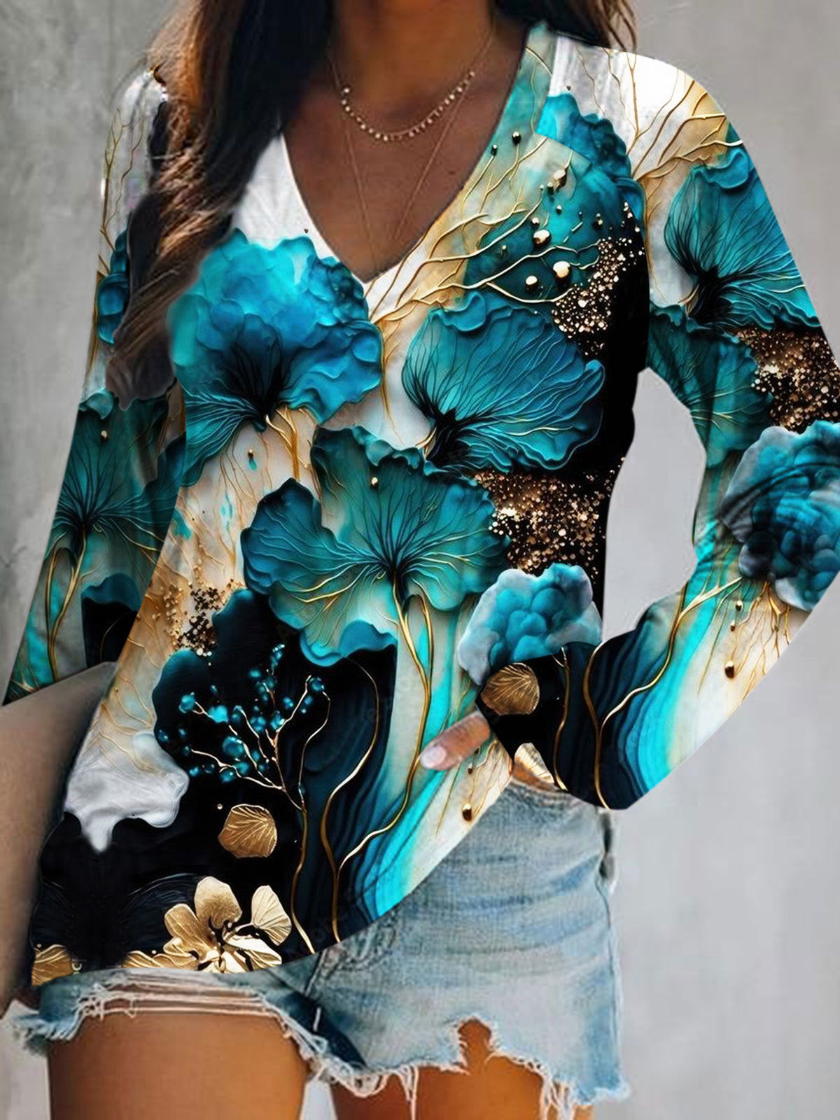 Floral Abstract Print V-Neck Casual Top