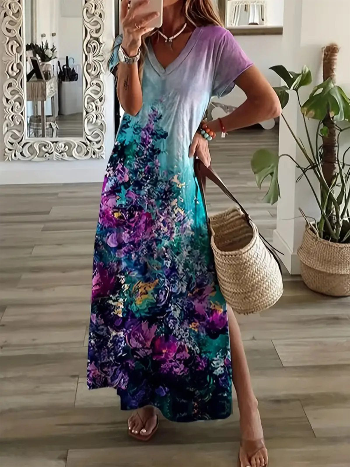 Gradient Abstract Flower Short Sleeve V Neck Maxi Dress