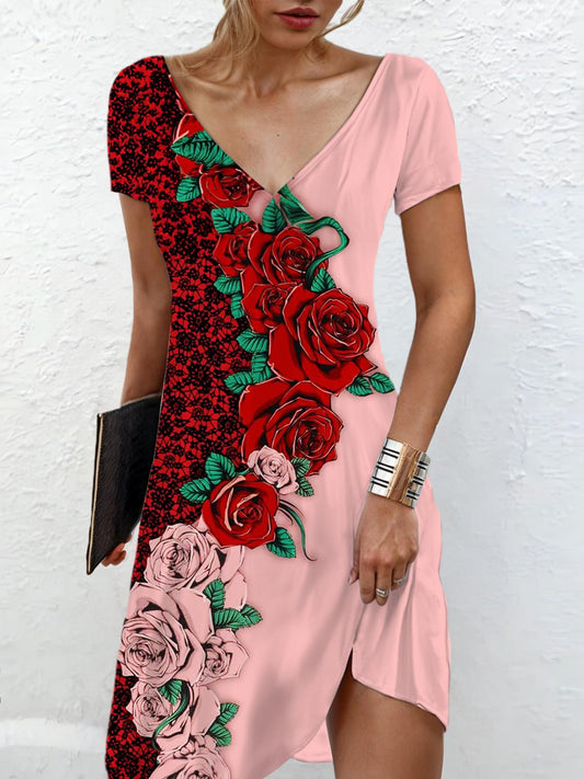 Color Matching Flower V Neck Short Sleeve Dress