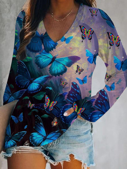 Butterfly Print V-Neck Long Sleeve Top