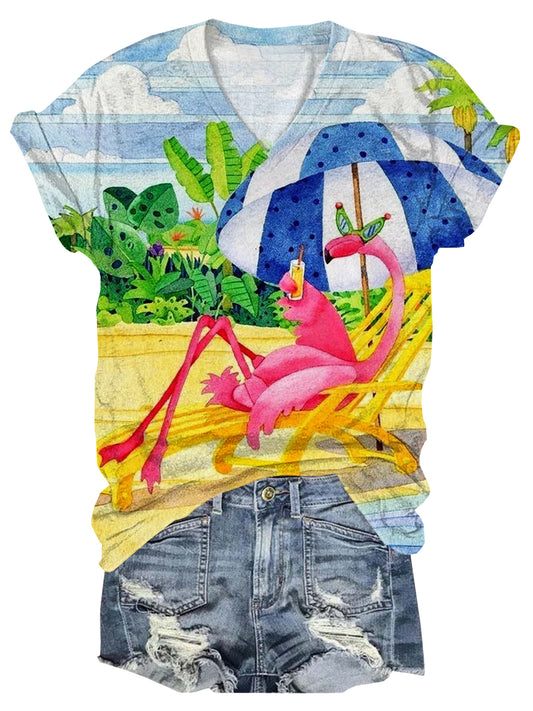 Vacation Flamingo V-Neck Short Sleeve T-Shirt