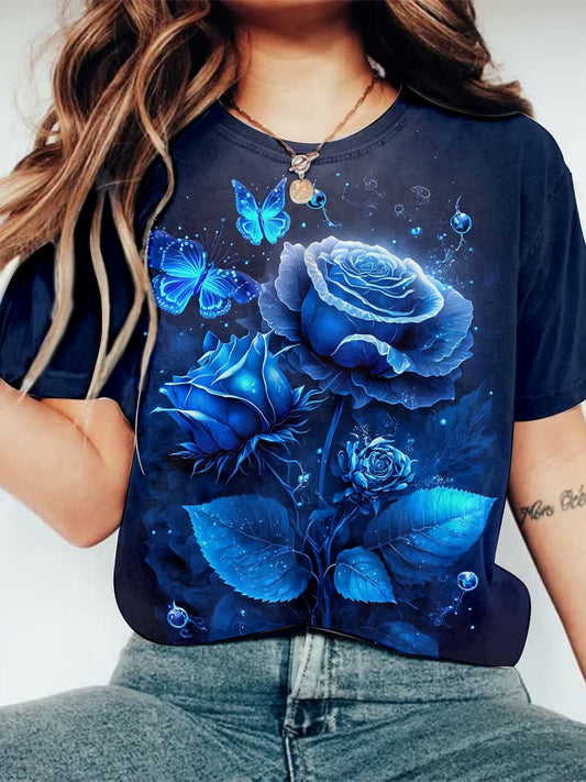 Butterfly And Rose Print Crew Neck T-shirt