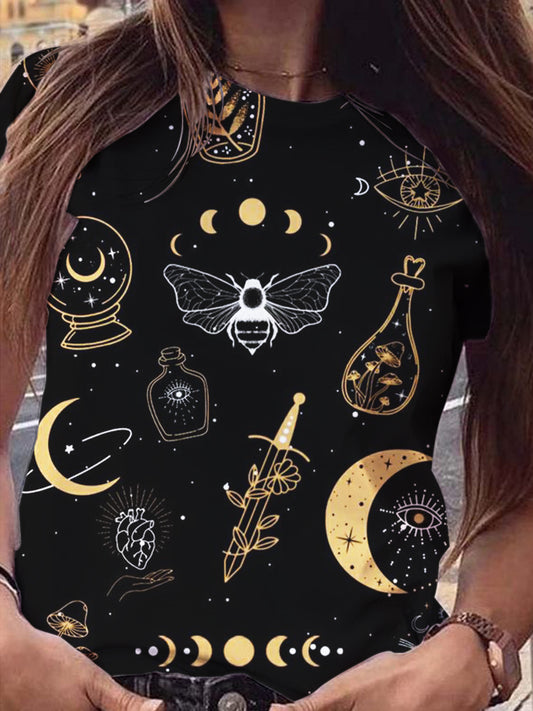 Star and Moon Print Casual Round Neck T-Shirt