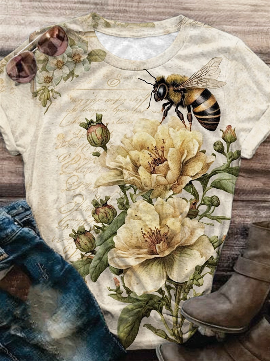 Retro Bee Floral Print Crew Neck T-Shirt