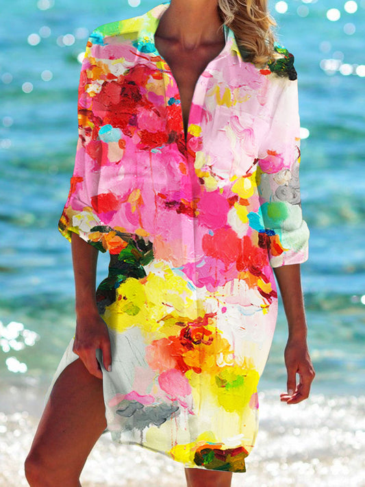 Women's Print Long Sleeve Beach Shirt Dress