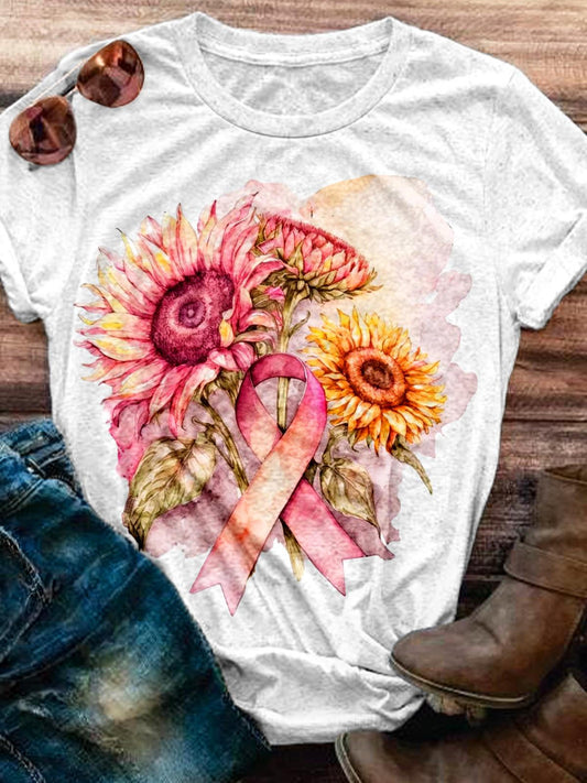 Sunflower Pink Ribbon Crew Neck T-shirt