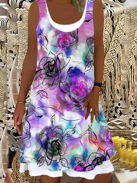 Gradient Floral Ladies False Two Dress